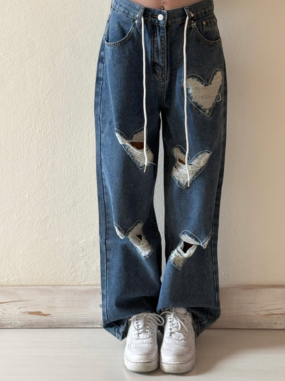 JEANS GAMBA AMPIA CON CUORICINI