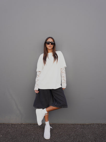 T-SHIRT MANICHE IN PIZZO