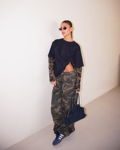 PANTALONI DENIM MILITARI CON COULISSE
