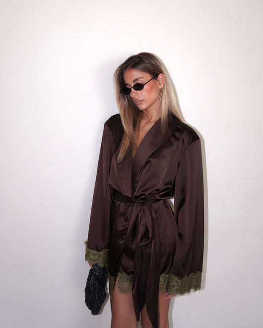 ABITO KIMONO IN SIMIL RASO E PIZZO