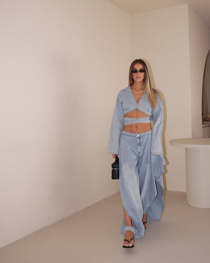 COMPLETO DENIM CAMICIA CROP E PANTALONE A SBUFFO