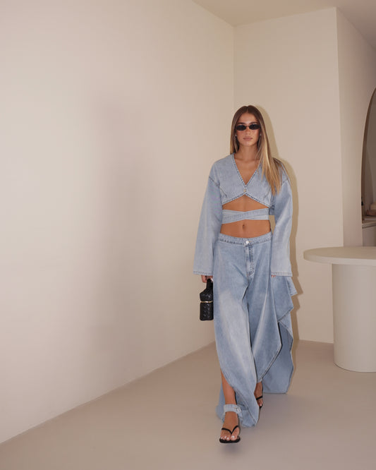 COMPLETO DENIM CAMICIA CROP E PANTALONE A SBUFFO