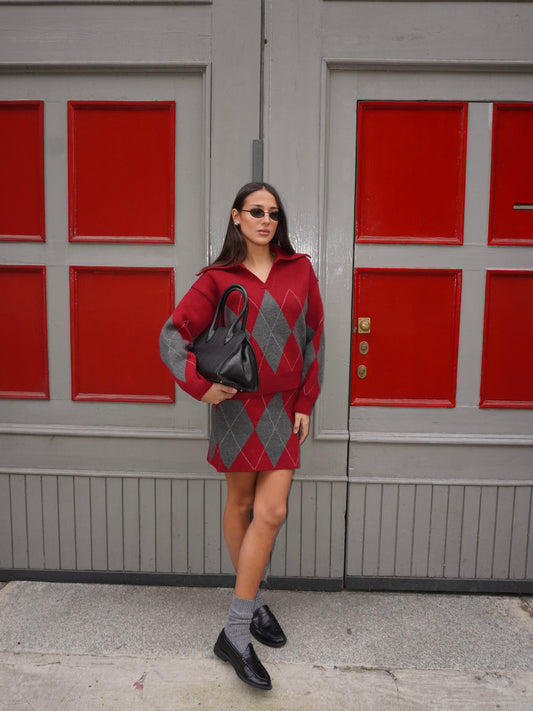 COMPLETO MAGLIONE POLO E GONNA A ROMBI