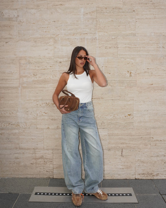 JEANS STRAIGHT CON TASCHE IN ECOPELLE