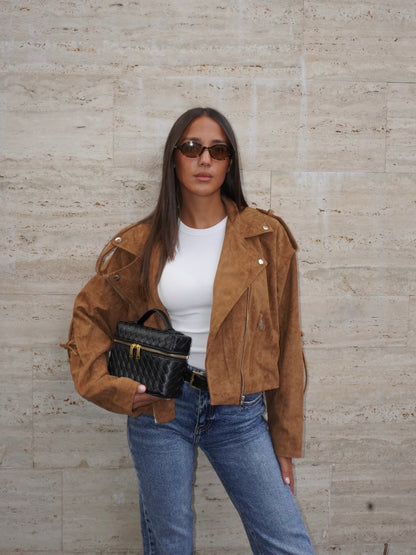 BIKER STRINGATO IN SIMIL CAMOSCIO